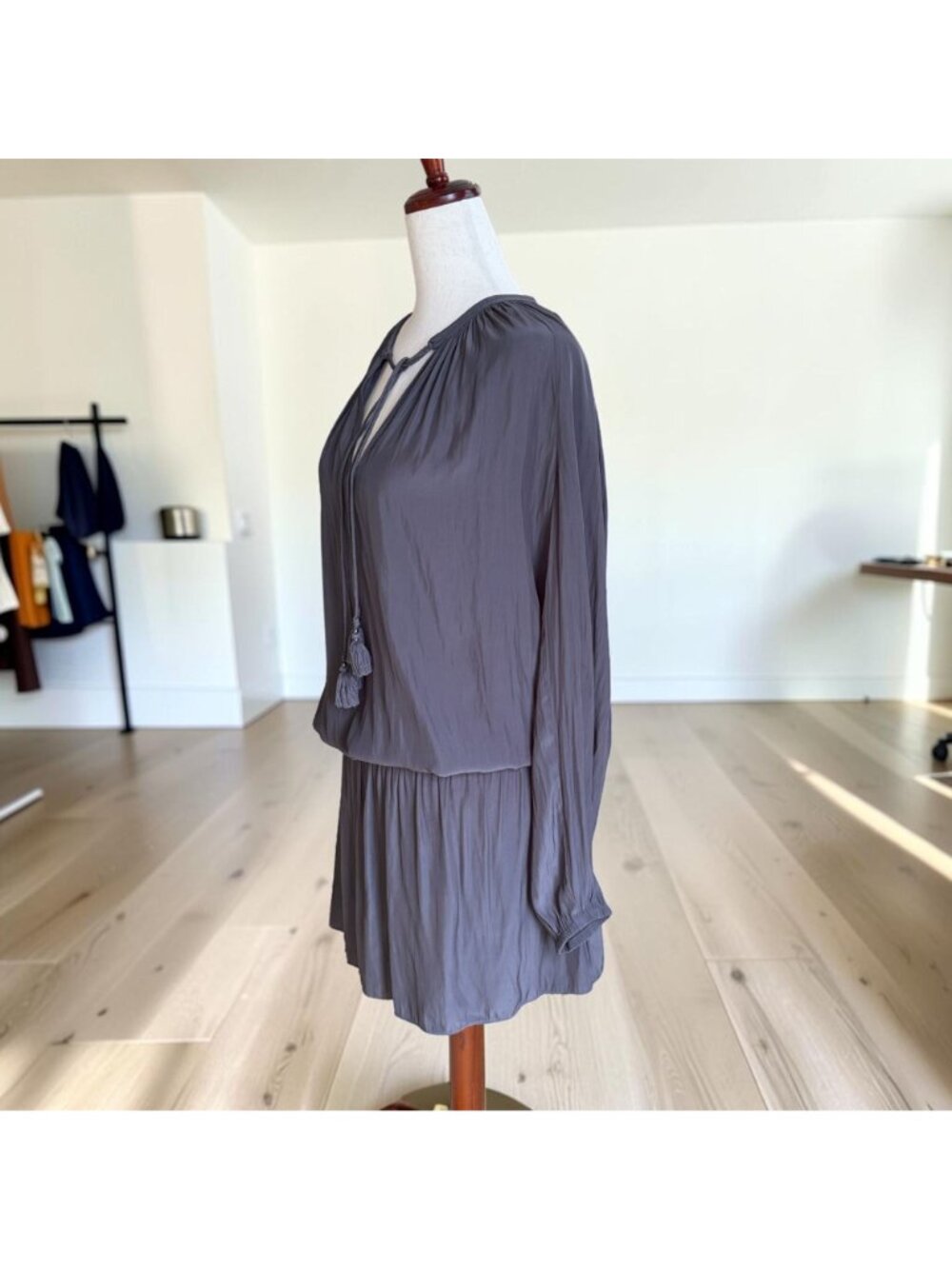 Ramy Brook Paris Dress Small Gray Long Sleeve Tassel Tie Drop Waist Mini - Picture 5 of 7